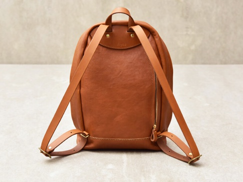 背面視角，一個棕色皮革後背包，帶有簡約褶皺設計。背包有兩條可調節的皮革肩帶，一條拉鍊開合，和一個頂部提把。