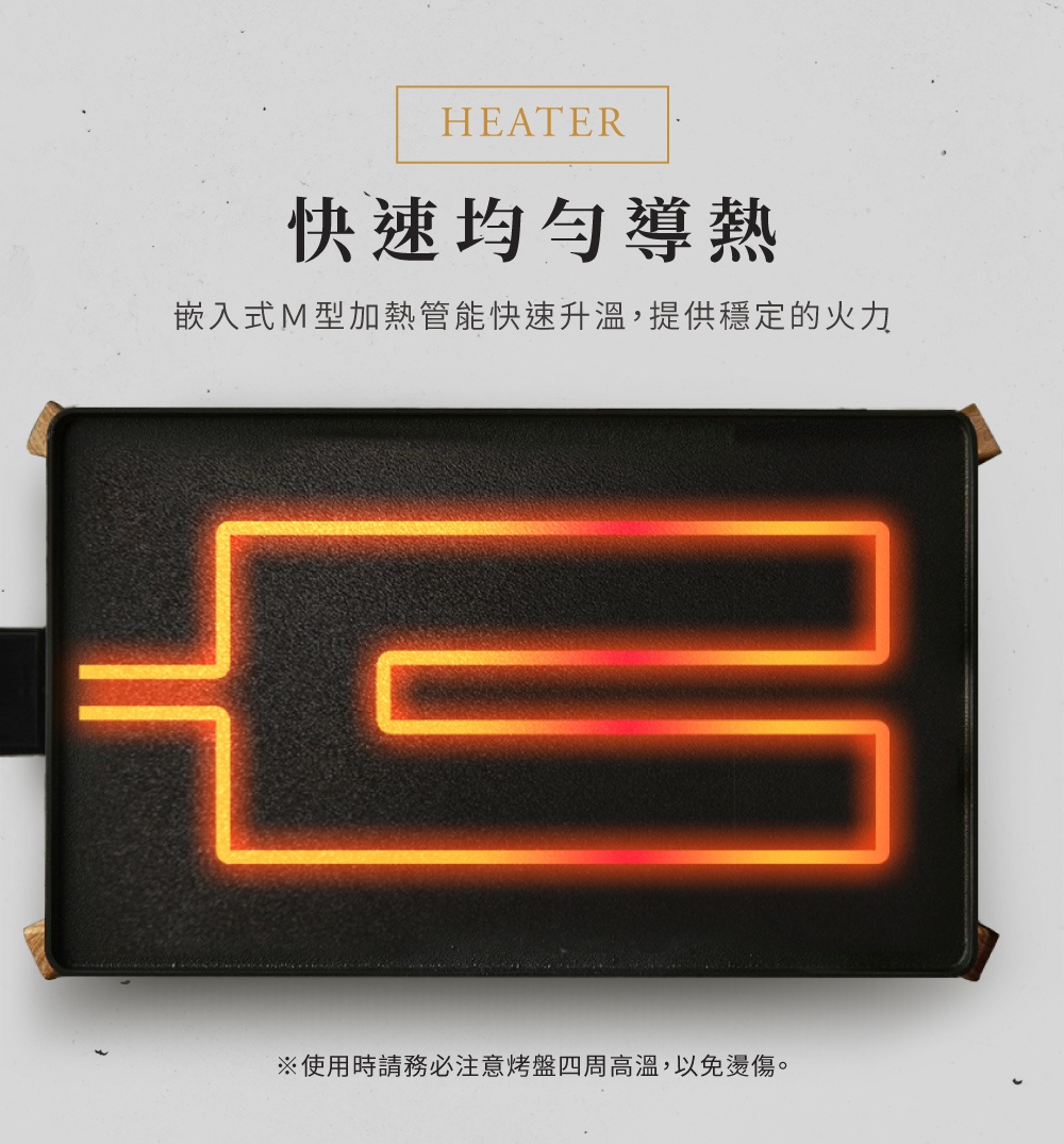 黑色電烤盤，帶有發光的橙色 M 形加熱管，展示其均勻導熱的特性。