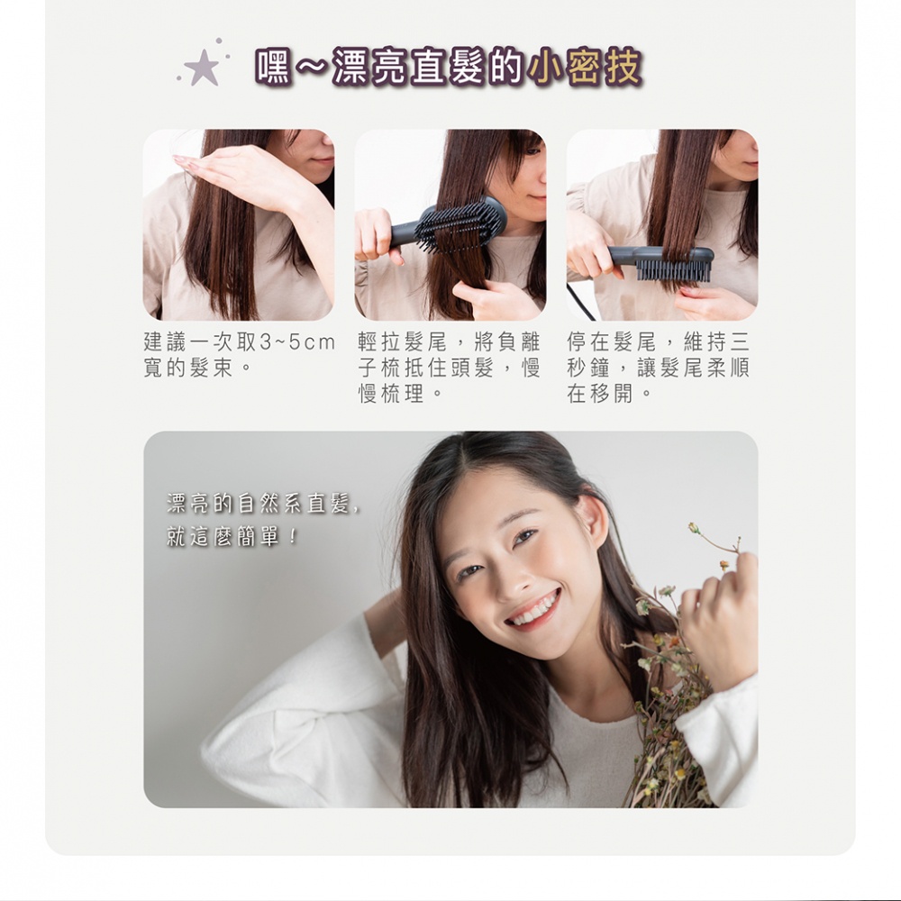 圖片文字：嘿 漂亮直髮的小密技 建議一次取3~5cm寬的髮束 輕拉髮尾 將負離子梳抵住頭髮 慢慢梳理 停在髮尾 維持三秒鐘 讓髮尾柔順在移開 漂亮的自然系直髮 就這麼簡單