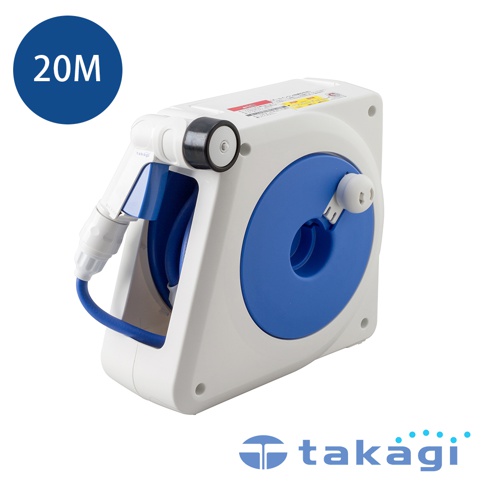 白色塑膠外殼的移動澆花灑水槍組，配有藍色捲盤和藍色水管，另有白色噴頭和黑色調節輪。