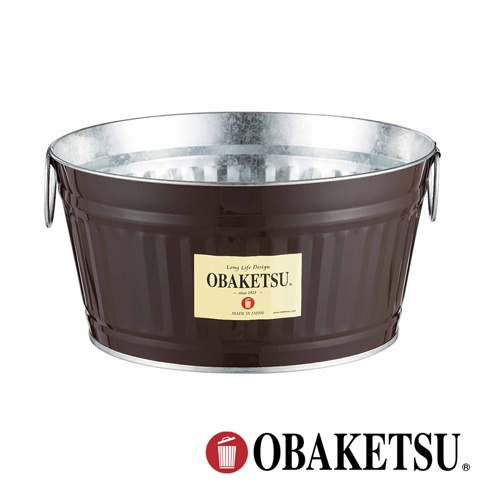 OBAKETSU手工製迷你桶，深棕色外觀，內層銀色鍍鋅鋼，印有品牌標誌和日本製造資訊
