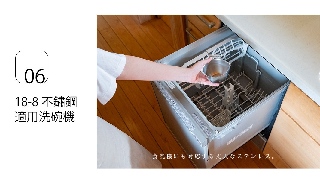 一位女性的手正將一個銀色的不鏽鋼調理盆放入現代廚房的嵌入式洗碗機中，圖片左側標示數字06及18-8不鏽鋼適用洗碗機的文字說明，強調該產品材質耐用且可放入洗碗機清洗。
