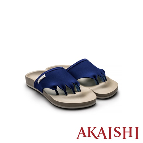 一雙深藍色與米色相間的五指訓練美腿拖鞋，鞋面為彈性布料，鞋底為人字拖款式，適合日常休閒穿著。