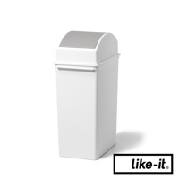 一個高版、方形的白色塑膠垃圾桶，配有灰色搖蓋式頂部，整體設計簡潔。