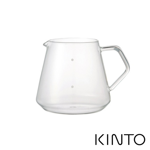 SCS經典玻璃咖啡下壺，透明玻璃材質，容量600ml，壺身呈錐形，帶有提把和傾倒嘴，壺身有兩個白色標示點。