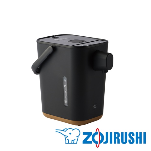 STAN美型微電腦熱水瓶 CP-CBF12，黑色霧面機身，搭配金棕色底座，設有側邊提把、出水口和清晰的水位刻度線，頂部為黑色觸控面板。