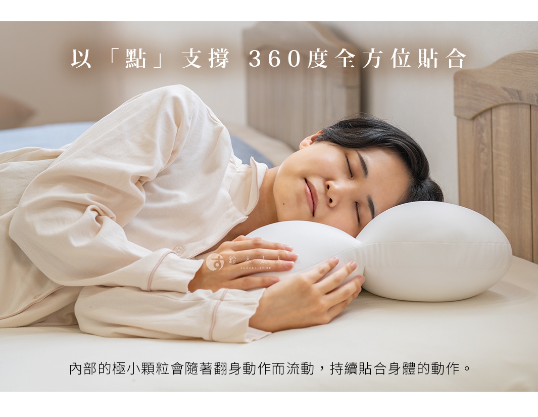 一位女性正舒適地側躺在床上，臉部枕在一款白色、造型獨特的王樣夢枕上，該枕頭具有極小顆粒填充，能隨身體動作流動並提供全方位貼合的支撐，圖片上方標題強調以點支撐達到三六零度貼合，下方說明則闡述了內部顆粒隨翻身動作持續貼合身體的特性。