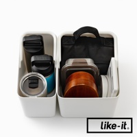 like-it 標誌，展示兩個白色收納盒，左側收納盒內有三個保溫瓶，右側收納盒內有一個午餐盒和一個保溫瓶。