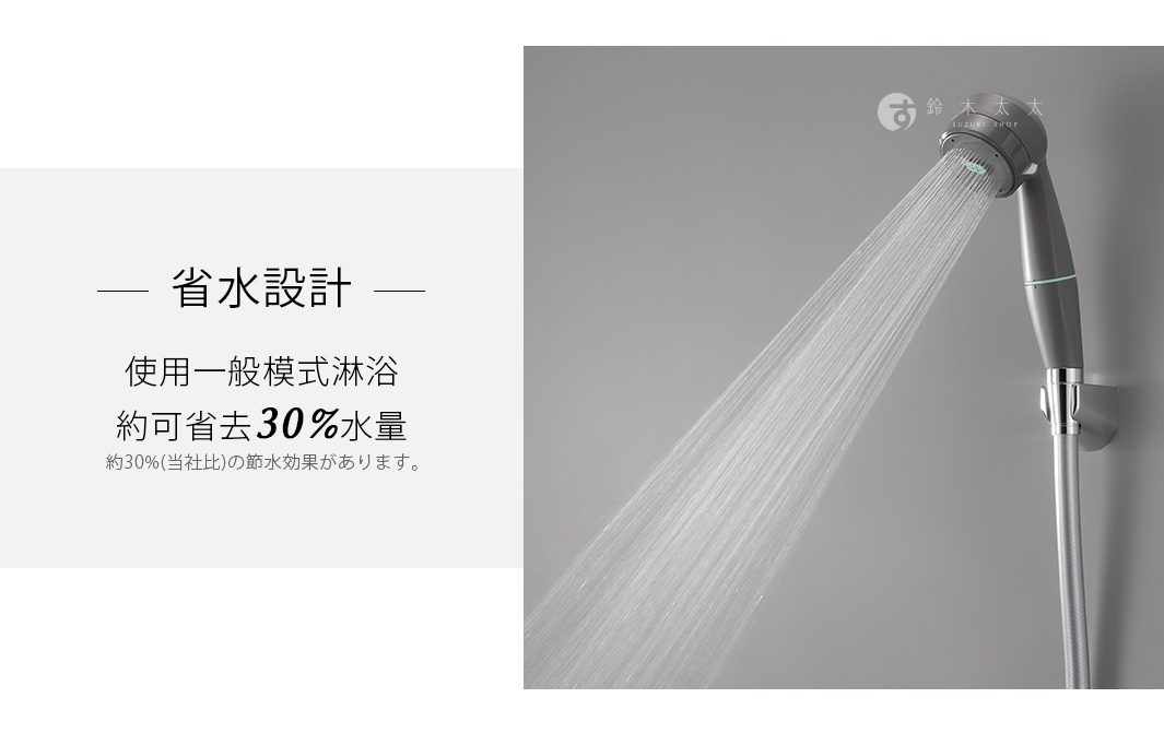 MIGAMI 兩段式水流專髮按摩蓮蓬頭，灰色塑膠材質，出水孔噴射出細緻的水流，蓮蓬頭上方有品牌標誌。