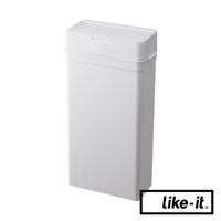 白色塑膠長方形垃圾桶，配有按壓式開啟的蓋子。