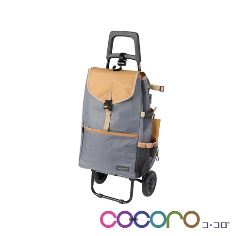 COCORO MORRY 系列多功能保溫保冷摺疊購物車，採用灰色主體搭配卡其色掀蓋設計，車身側面配備網狀收納袋，底部設有黑色輪組與支架，整體呈現簡約實用的購物車外觀，品牌名稱 COCORO 標誌位於車袋右下角處。