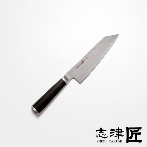 都 / Bunka 文化刀，銀色金屬刀刃，表面有細緻紋理，黑色木質刀柄，搭配銀色金屬刀頸。