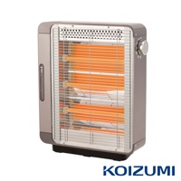 灰色方形電暖器，配有銀色網狀保護罩。內部有四根發熱管，散發出橘紅色的光芒。側面有透明水箱和銀色旋鈕。