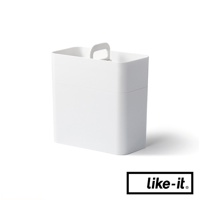 白色手提式雙層化妝品收納箱，採用簡潔的長方形設計，頂部有可提起的把手，適合收納各種化妝品。