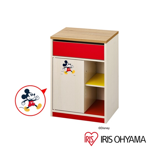 淺色木質五格桌邊收納櫃，配有紅色抽屜和門板，門板上有米奇圖案。收納櫃內有黃色層板，底部有紅色底座，整體設計簡潔實用。