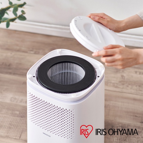 情境式空氣清淨機 IAP-A25 頂部特寫，顯示已取出圓形白色頂蓋，露出內部黑色的濾網組件。機身為白色，側邊有密集的圓形透氣孔。