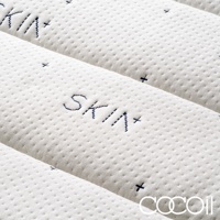 白色單人加大獨立筒美容床墊，表面織紋細緻，帶有藍色小點和「SKIN+」字樣刺繡。