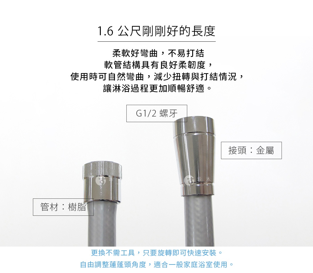 圖片文字：1.6 公尺剛好長度，柔軟好彎曲不易打結，軟管結構具有良好柔韌度，使用時可自然彎曲減少扭轉與打結情況，讓淋浴過程更加順暢舒適。G1/2 螺牙，接頭為金屬材質，管材為樹脂材質。更換不需工具，只要旋轉即可快速安裝，可自由調整蓮蓬頭角度，適合一般家庭浴室使用。