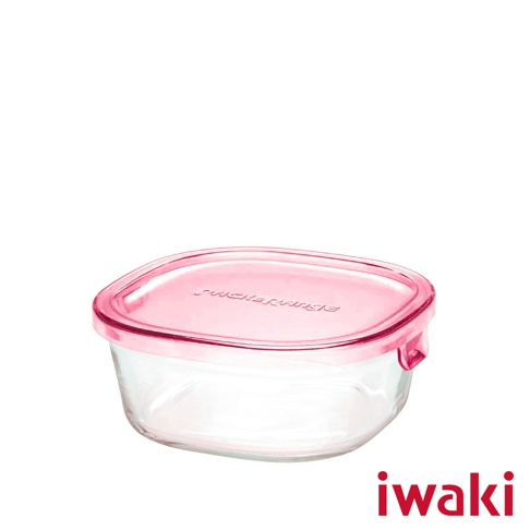 一個透明耐熱玻璃方形保鮮盒，配有粉紅色半透明蓋子，蓋子上印有「PACK&RANGE」字樣。