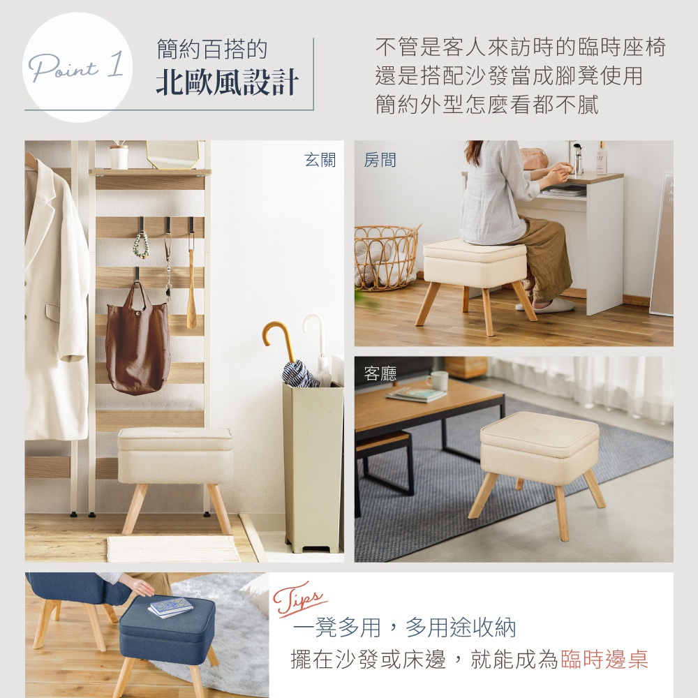 北歐風收納椅凳，米白色皮革坐墊，搭配木質椅腳。圖片展示椅凳用於玄關、房間及客廳。