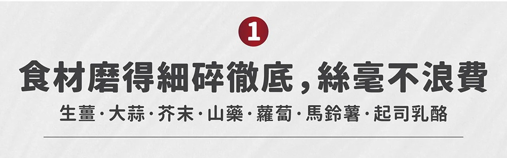 圖片顯示標題為數字1，下方大字標示食材磨得細碎徹底絲毫不浪費，並列舉出適合研磨的食材項目包含生薑、大蒜、芥末、山藥、蘿蔔、馬鈴薯及起司乳酪。
