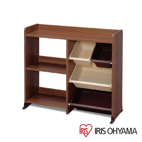 木紋色調的兒童玩具收納架，設有兩層開放式層架，以及右側由上至下分別為淺米色、淺米色、深棕色的四個收納盒。