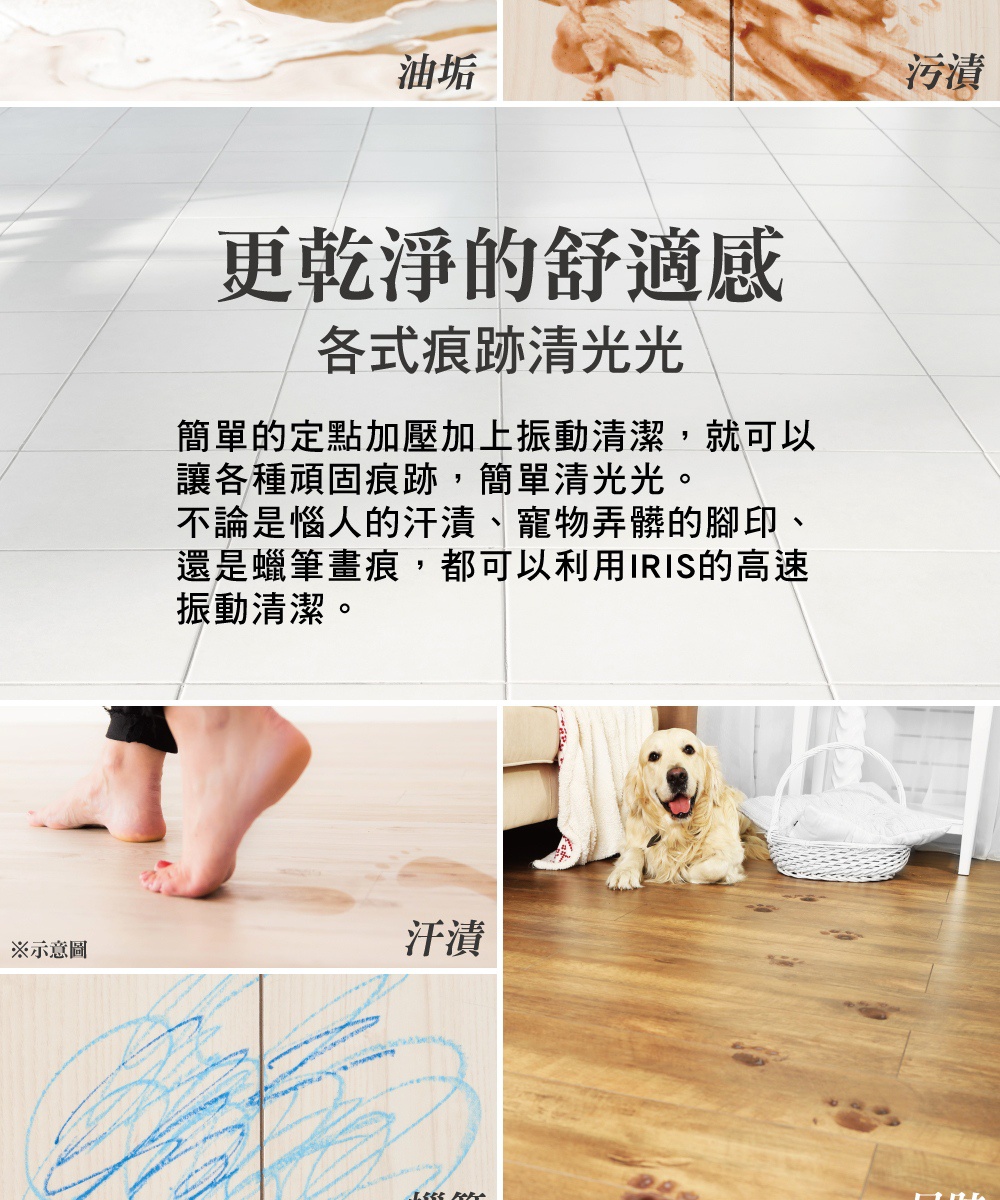 電動平板拖把 SWD-A，展示油污、污漬、腳印、寵物腳印及蠟筆塗鴉的清潔效果。