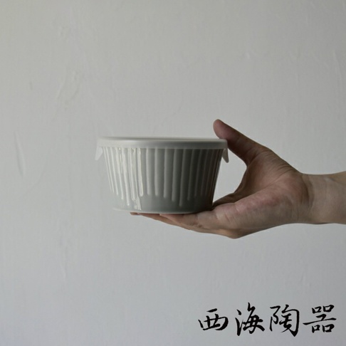 灰綠色陶瓷碗，帶有細緻的直條紋紋理，碗口配有透明白色蓋子，由手捧持。