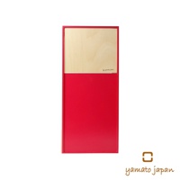 DOORS mini 迷你垃圾桶，前開式設計，上半部為原木色木材，下半部為亮紅色，整體為長方形，側面邊框也為紅色。