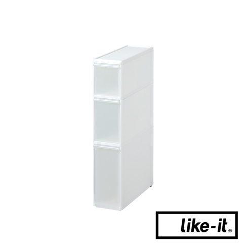 白色塑膠材質的疊疊三抽夾縫收納櫃，櫃體為長條形，每層抽屜前方為半透明霧面設計，方便辨識內容物。