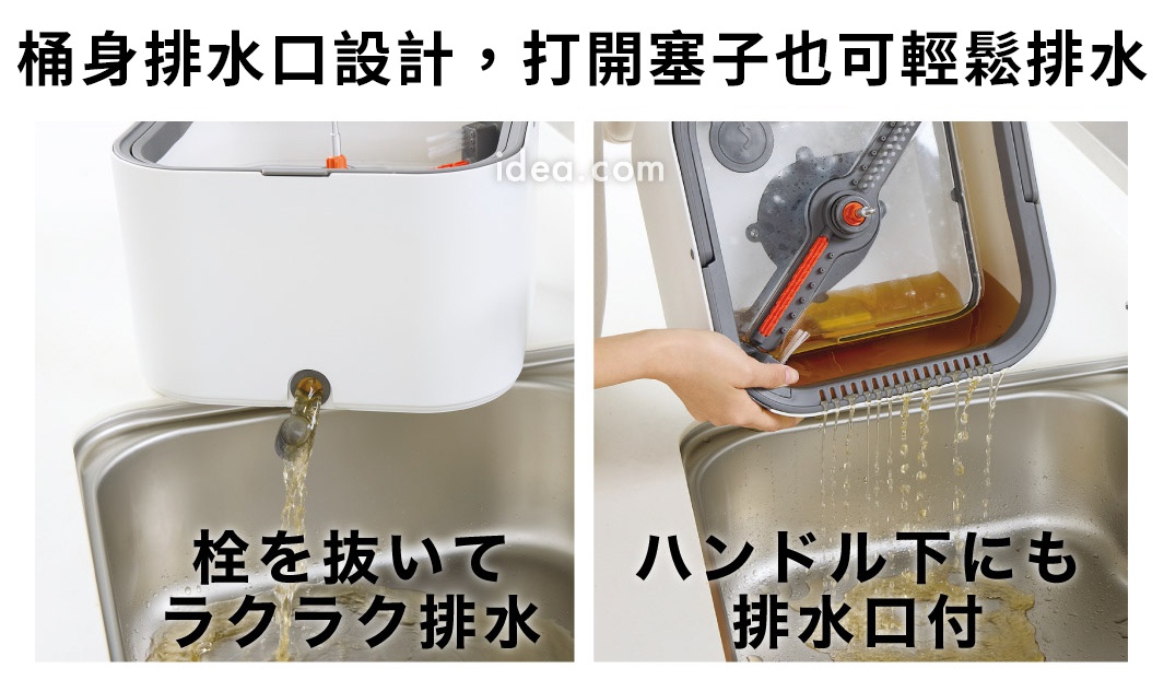 圖片文字：桶身排水口設計，打開塞子也可輕鬆排水。栓を抜いてラクラク排水。ハンドル下にも排水口付。這張圖片展示了清潔拖把水桶的兩種排水方式，左圖顯示從桶身側邊的塞子排出髒水，右圖展示將水桶傾斜，透過握把下方的濾水孔將水排入水槽中。