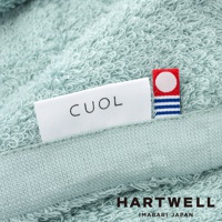 細緻淺綠色毛巾，表面絨毛柔軟，帶有「CUOL」品牌織標及紅底白圓點、藍白條紋裝飾織標。