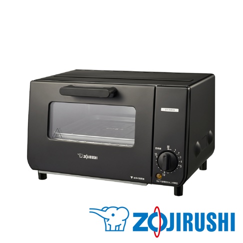 黑色 Zojirushi 電烤箱，配有銀色把手和玻璃門，右側有黑色旋鈕和刻度盤。
