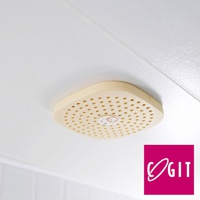 淺黃色可掛式除濕盒，盒蓋上有許多小孔，用於浴室除臭除濕。