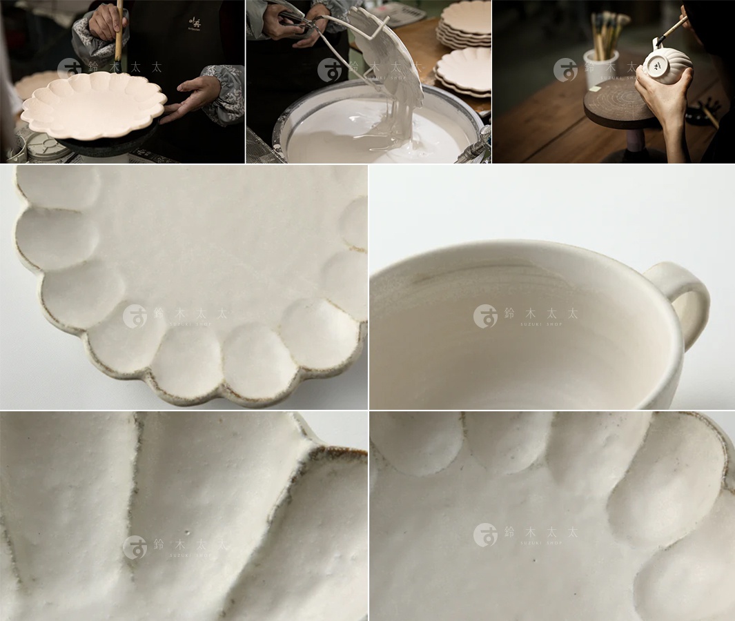 米白色陶瓷橢圓料理盤，盤面有粉引六瓣花型紋路，邊緣帶有樸實的釉色。