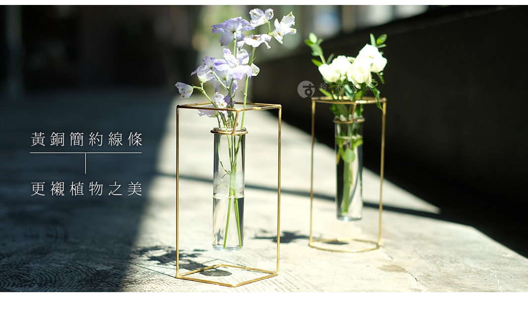 黃銅四角玻璃花器，內含兩種不同顏色的鮮花，金屬框架簡約線條，展現植物之美。