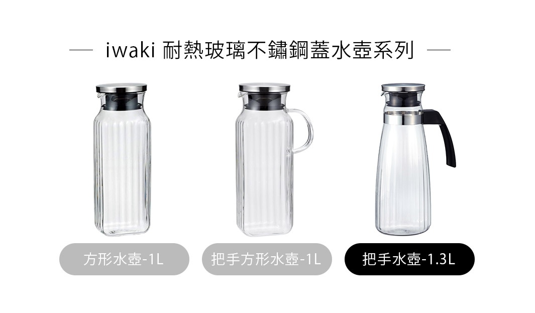 透明耐熱玻璃水壺，搭配不鏽鋼瓶蓋與黑色把手，瓶身有垂直條紋設計，容量為 1.3 公升。