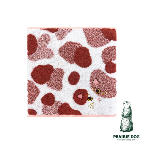 一張正方形的今治細柔方巾，整體呈現白色底色，並佈滿紅褐色斑點圖案，右下角有一隻貓咪探出頭的刺繡設計，細緻描繪了貓咪的五官與鬍鬚，右下角印有 Prairie Dog 品牌名稱及網址。