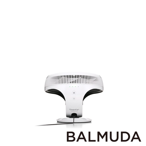 白色 BALMUDA GreenFan Cirq 循環扇，具有獨特的蕈菇狀設計，扇葉被柵欄狀外殼包覆，機身上有電源和風扇圖標按鈕，以及四個綠色指示燈。