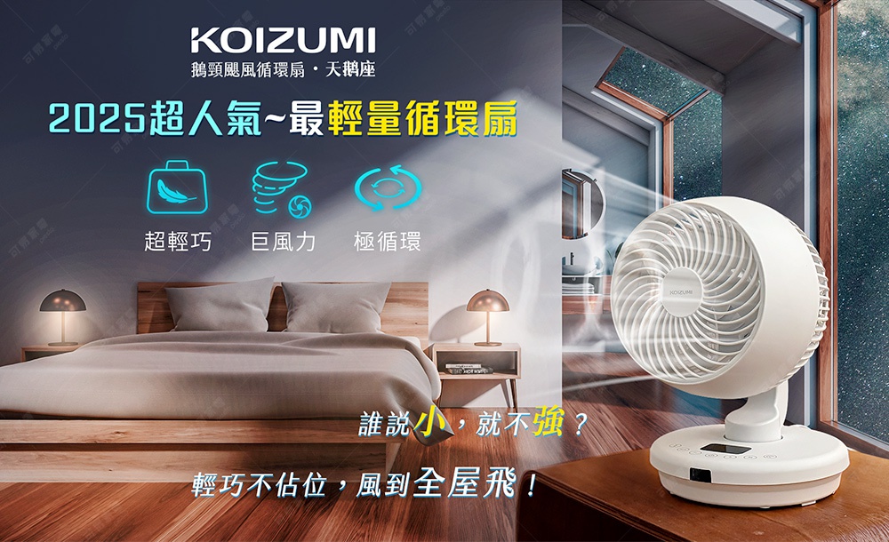 白色鵝頸颶風智能循環扇，圓形扇葉設計，具備超輕巧、巨風力、極循環功能，底座有觸控按鈕和顯示螢幕。