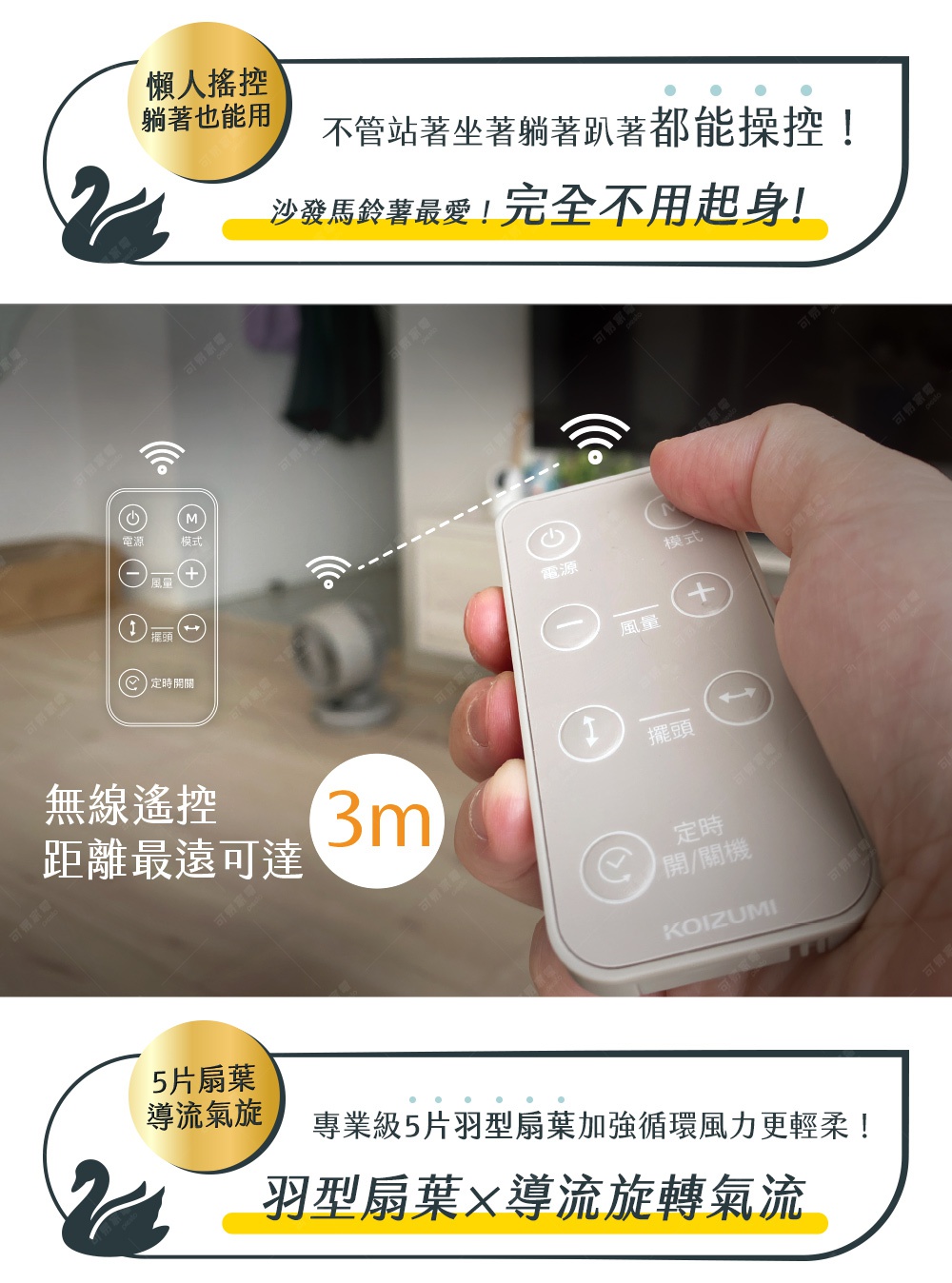 鵝頸颶風智能循環扇 KCF-G541 遙控器，米白色塑膠材質，具備電源、模式、風量增減、擺頭、定時開關等按鍵，支援3米無線遙控。