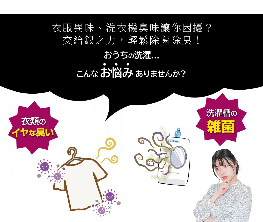 圖片中的文字描述了衣物和洗衣機的異味問題，並提出使用「銀之力」產品來輕鬆除菌除臭。右側一位女性正對著洗衣機和衣物圖示若有所思，下方還有標示著「洗衣槽的雜菌」和「衣服的 令人不快的氣味」的標誌。