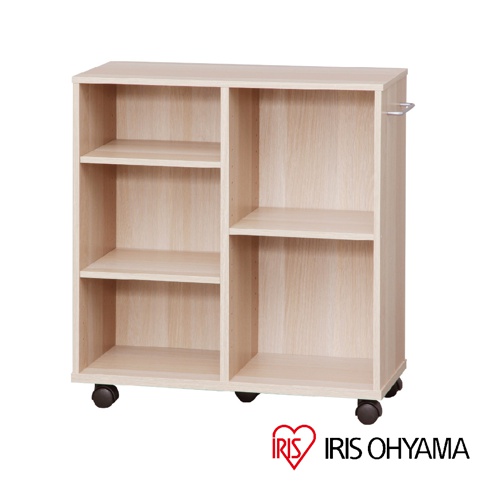 淺木紋開放式收納架，共四層隔間，頂部設有銀色把手，底部裝有四個黑色滾輪，方便移動。