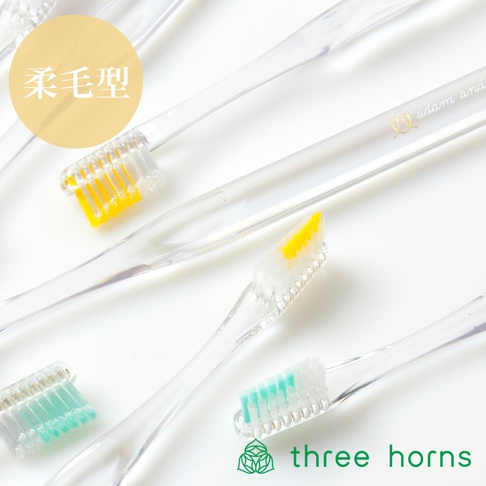 數支透明塑膠柄前傾式尖頭牙刷，刷毛顏色包含黃色與綠色，部分牙刷刷頭帶有「adam and」及「three horns」字樣。