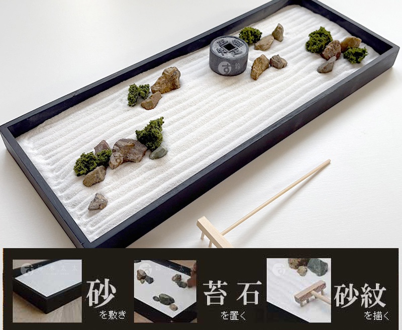 一個長方形黑色木框內的日本枯山水模型，鋪滿白色細沙並耙出流線紋路，裝飾著幾塊天然石頭與青苔造景，中央放置一個帶有漢字的圓形石雕裝飾，右下角配有一支木製迷你耙子，底部展示了鋪沙、擺放石塊與繪製沙紋的三個步驟示意圖。
