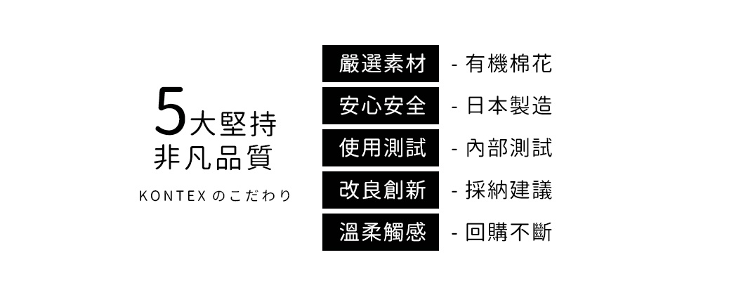 二層紗童趣塗鴉柔暖嬰兒毯 (共4色)，標示五大堅持：嚴選素材（有機棉花）、安心安全（日本製造）、使用測試（內部測試）、改良創新（採納建議）、溫柔觸感（回購不斷）。