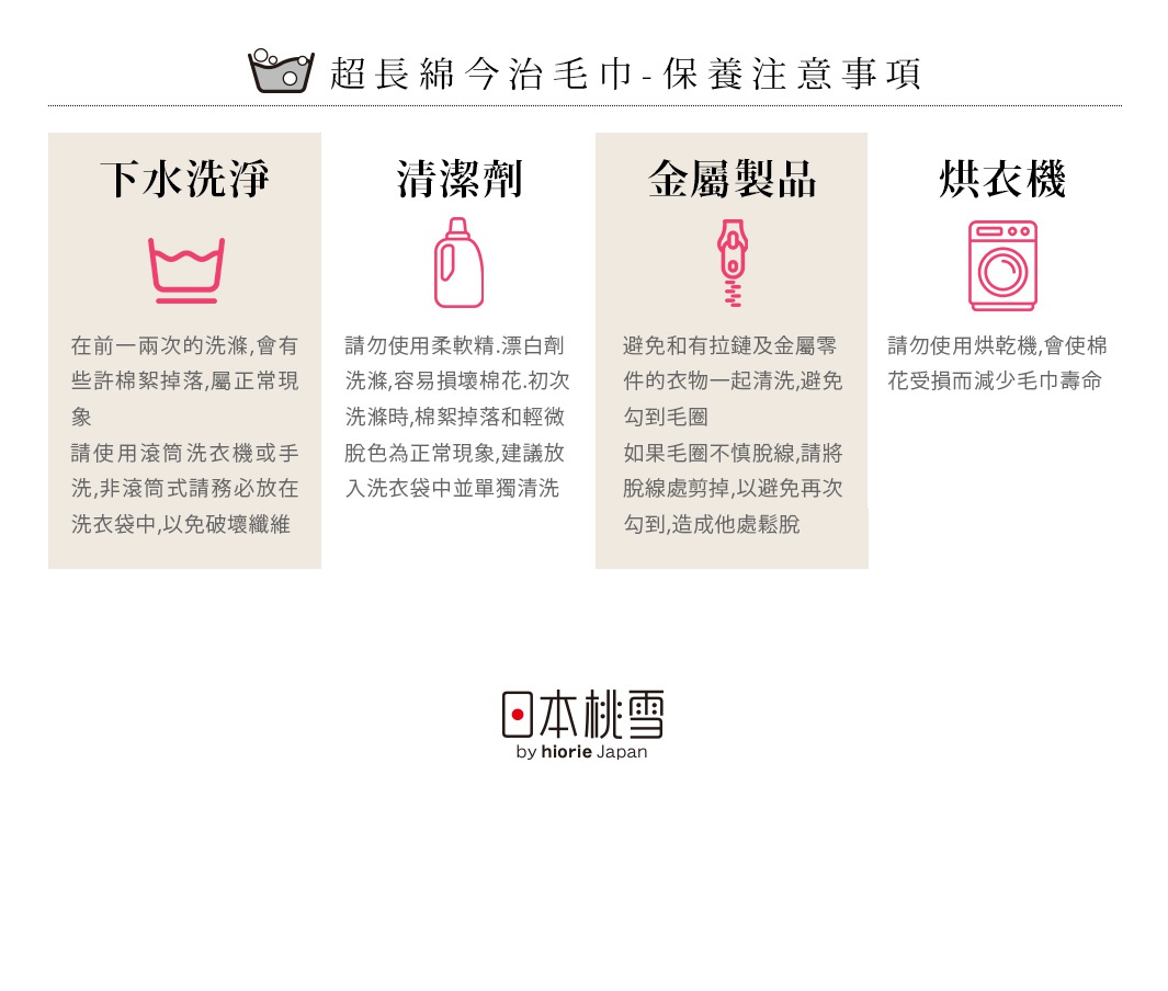 今治輕柔橫條浴巾，共有三種顏色，為純棉材質，圖片展示產品的保養注意事項，包括下水洗淨、清潔劑、金屬製品及烘衣機的說明。