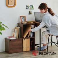 深棕色立方體組合收納櫃，由木質材料製成，展示了不同尺寸的儲物空間，可容納書籍、文件夾等物品。