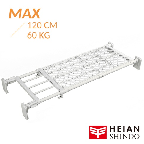 白色網格紋理的獨立腳升級版防掉落置物架，可伸縮調整長度，兩側有白色方形腳座，最大承重 60 公斤。