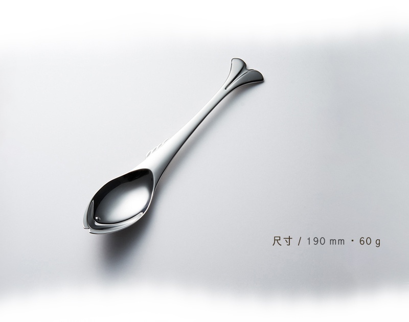 不鏽鋼湯匙，設計成魚的形狀，尺寸為190毫米，重量為60克。